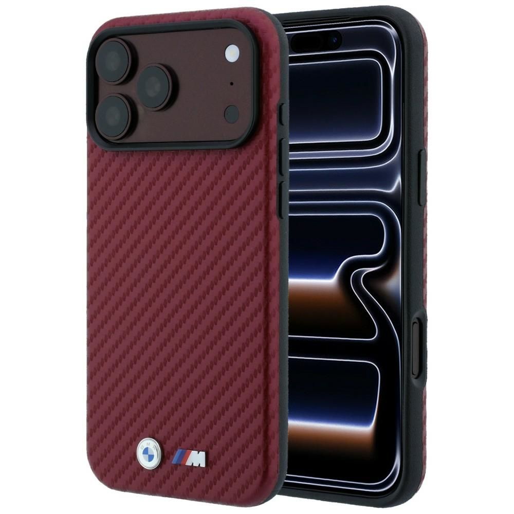 BMW kaitseümbris seadmele iPhone 18 Pro / 17 Pro: (Carbon Metal Logo), MagSafe'iga ühilduv, värv: bordoopunane