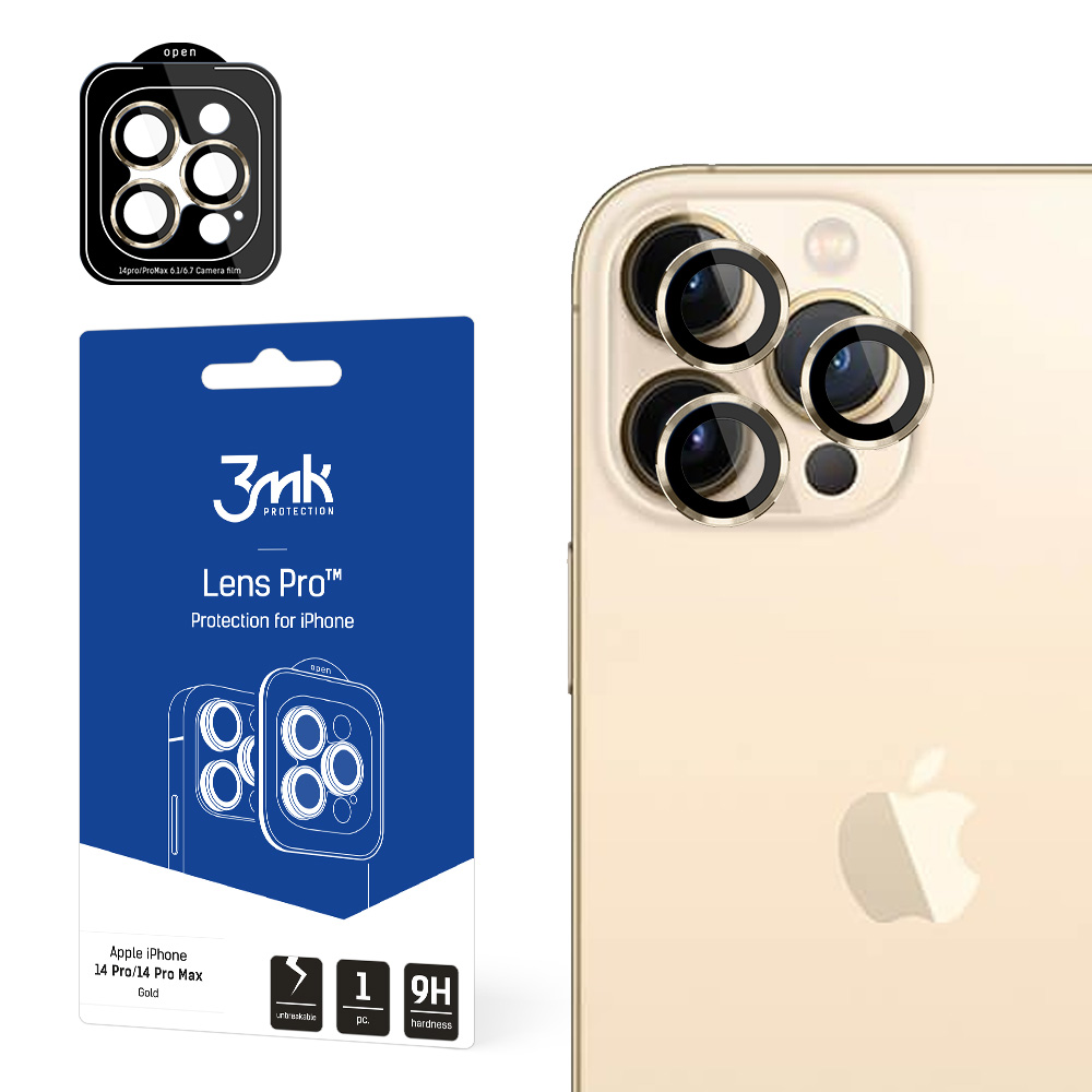 iPhone 14 Pro Max / 14 Pro 9H kaameraklaas 3mk objektiivi kaitseks Pro seeria objektiivi jaoks - kuldne