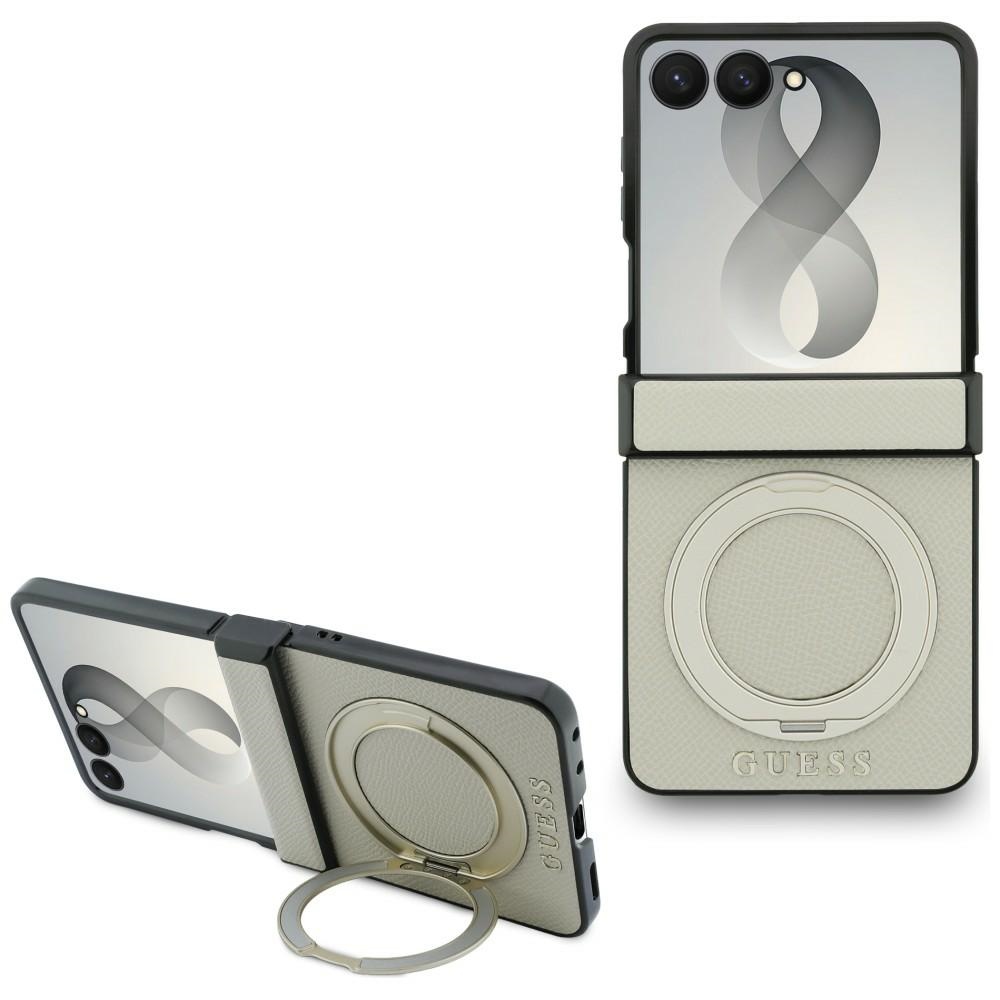 Beež Guess Magnetic Ring Stand Grained Classic Logo MagSafe ümbris Samsung Galaxy Z Flip8 mudelile