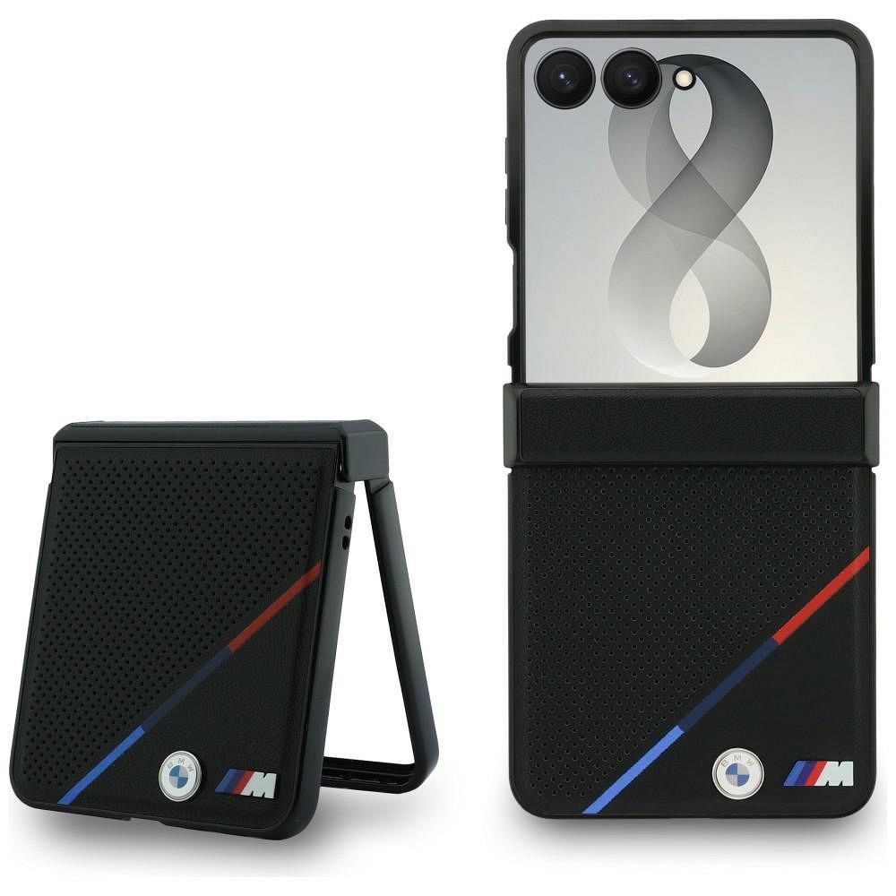 Must BMW M Leather Perforated Tricolor Stripe Metal Logos ümbris MagSafe'i toega Samsung Galaxy Z Flip8 telefonile