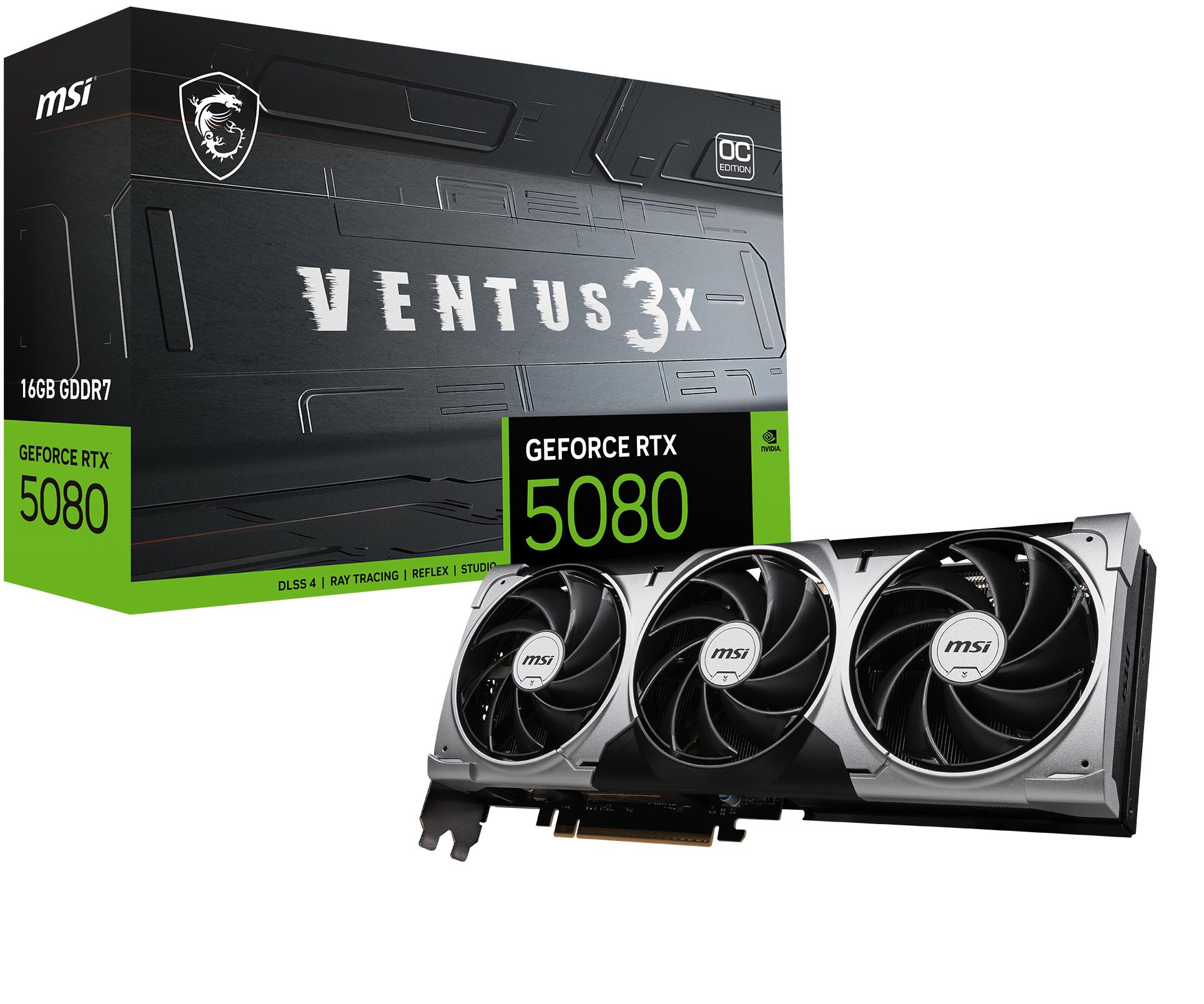 MSI GeForce RTX 5080 16G Ventus 3X OC graafikakaart (RTX_5080_16G_VENTUS_3X_OC_BLACK), 16 GB mälu, must