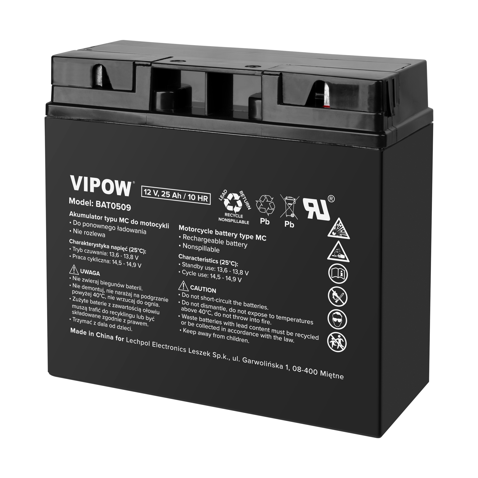 VIPOW MC-tüüpi mootorrattaaku, 12 V, 25 Ah