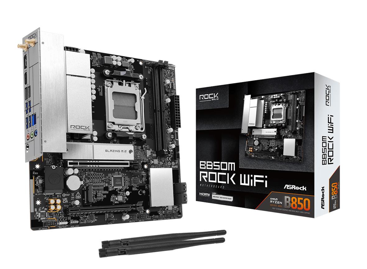 ASROCK B850MROCKWIFI AMD B850 Socket AM5 micro ATX emaplaat, DDR5-SDRAM, 2 pesa, Wi-Fi, Bluetooth, 1 x M.2