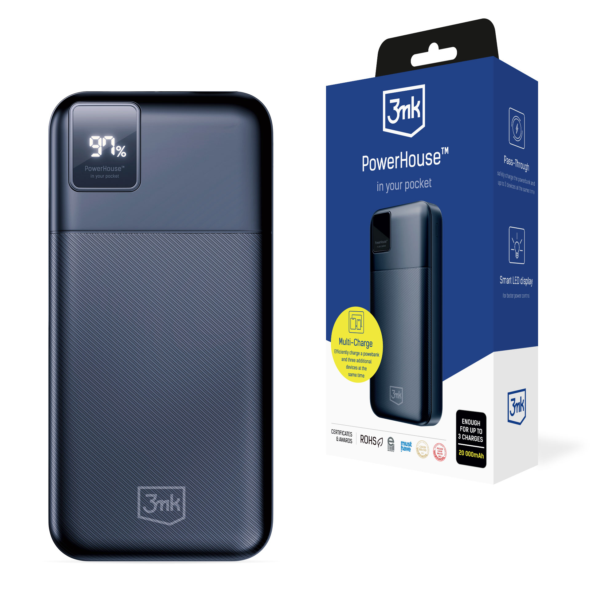Внешний аккумулятор 3mk PowerHouse 20000 mAh 2x USB-A 1x USB-C - чёрный