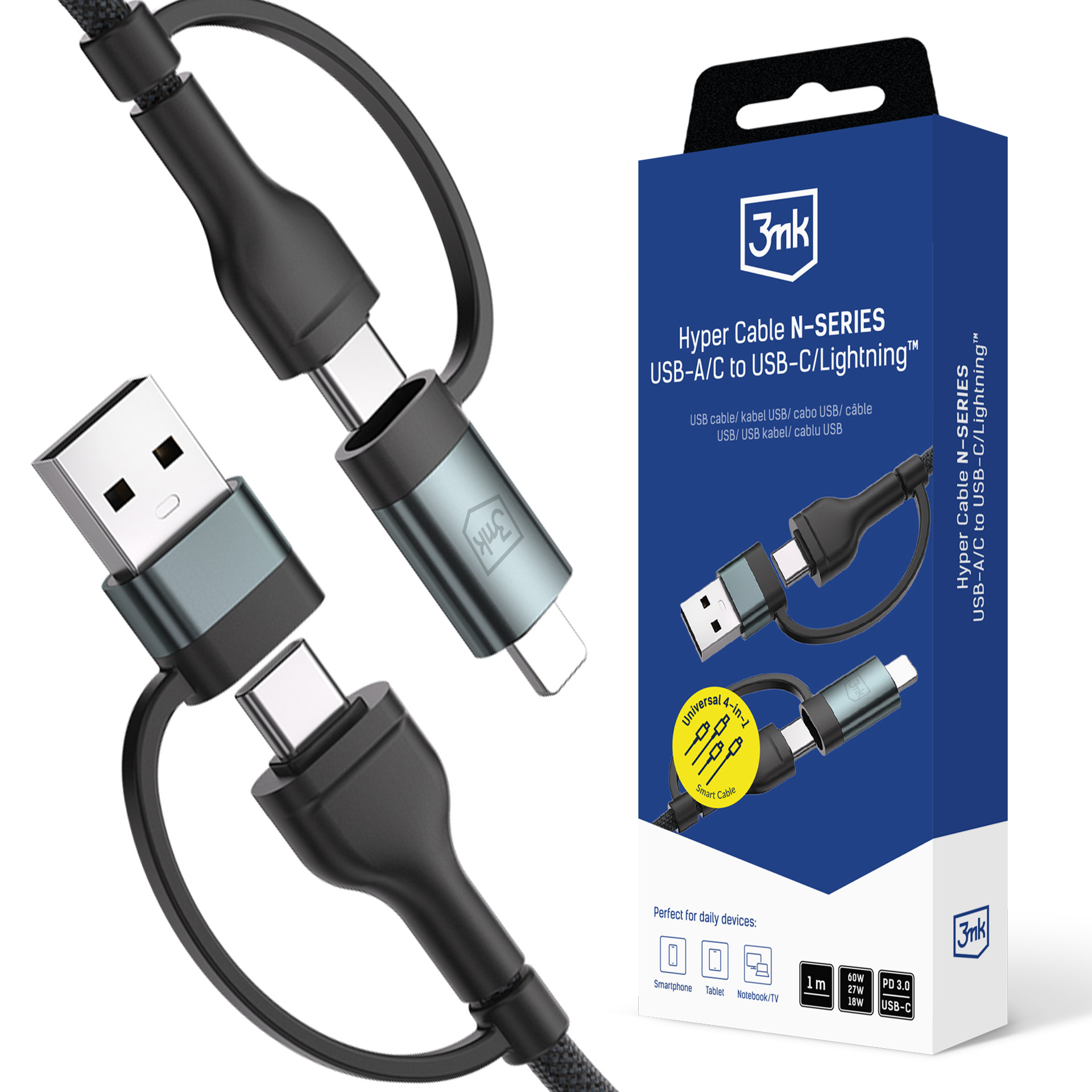 3mk Hyper Cable N-SERIES 2 in 2 USB-A / USB-C ja USB-C / Lightning 1.2m QC 3.0 9V/2A 60W - must