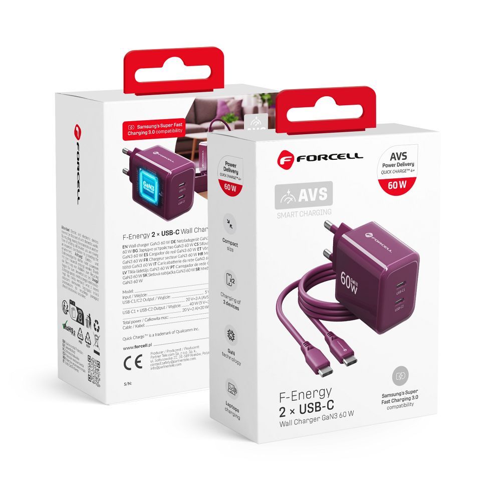 Bordoopunane 60 W Forcell F-Energy GaN III Crystal Color VT-60 seinalaadija, 2 × USB-C, AVS/PPS, koos 1 m 60 W silikoonist USB-C–USB-C kaabliga
