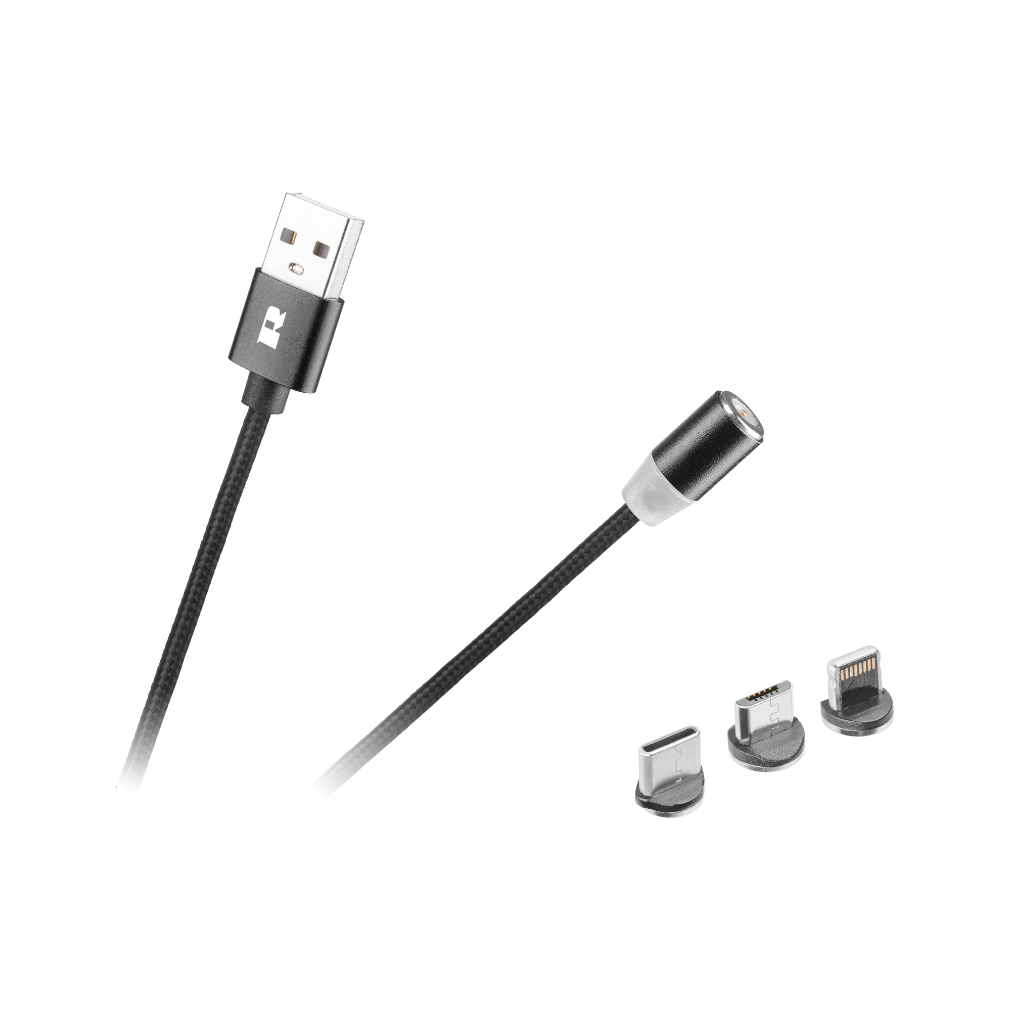 Magnetiline 3-in-1 USB-kaabel, micro-USB, USB-C ja Lightning, 100 cm, must