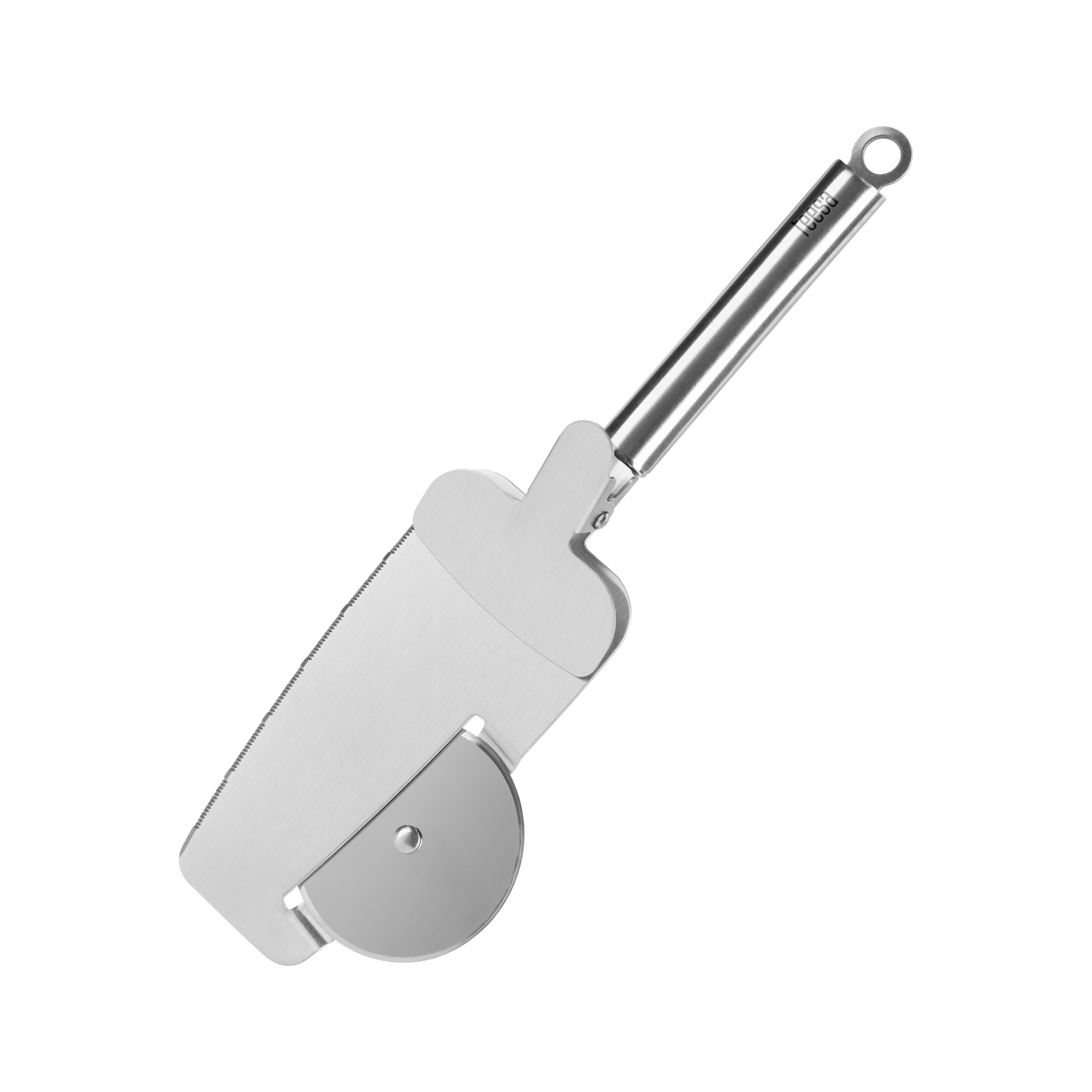 Pizza cutter with cutting wheel, edge-cutting teeth and clamping spatula