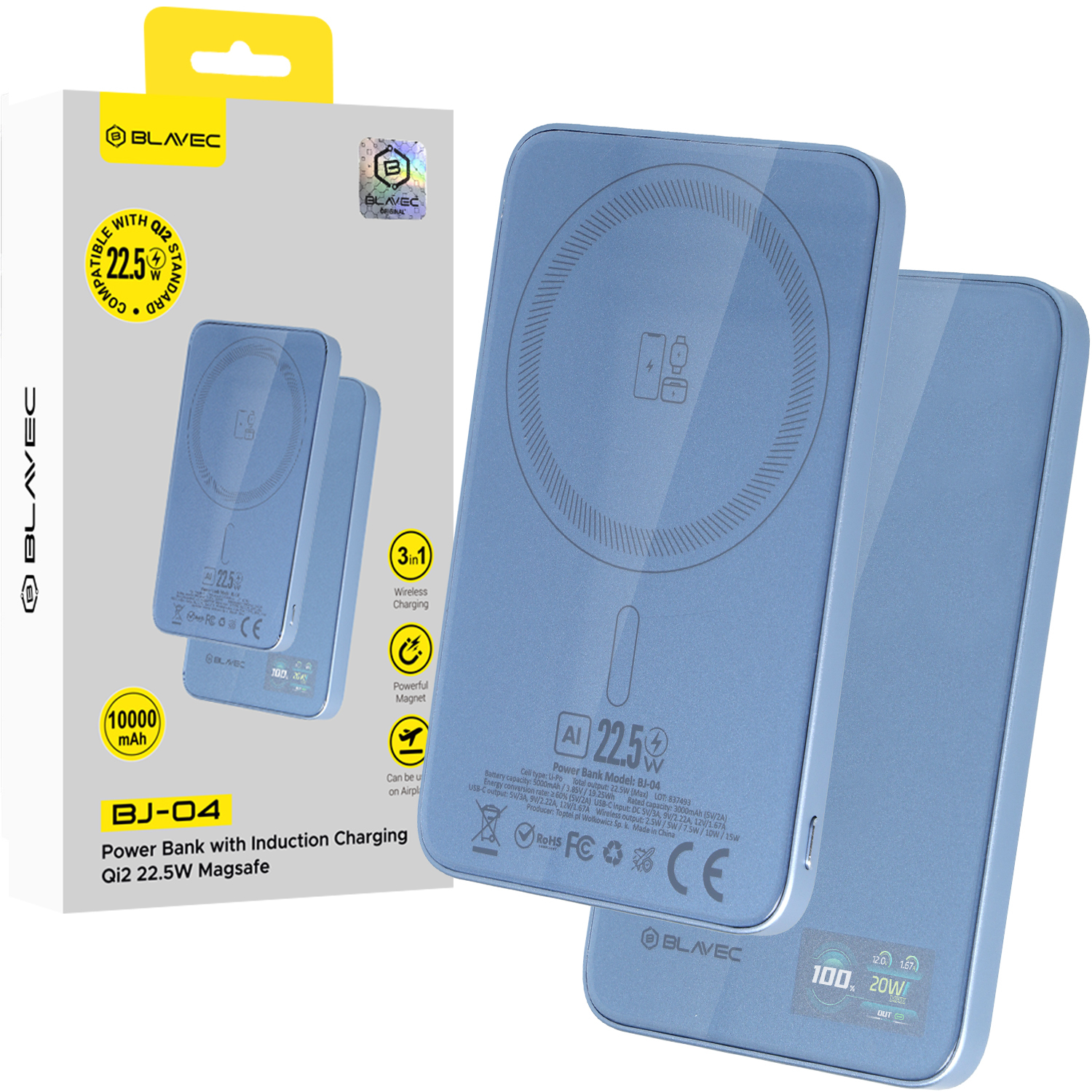 Blavec BJ-04 5000 mAh üliõhuke MagSafe-toega magnetiline akupank, 7,8 mm, USB-C, 22,5 W, kolm ühes (PBBJ04-MC5LB) (värv: helesinine; klaasviimistlus)