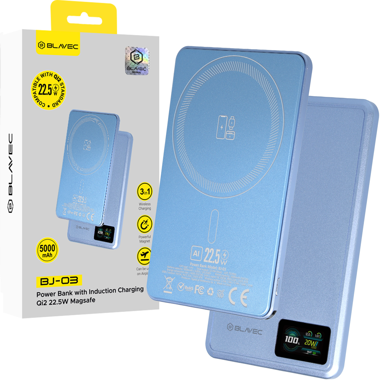 Blavec BJ-03 5000 mAh üliõhuke MagSafe-toega magnetiline akupank, 7,8 mm, USB-C, 22,5 W, kolm ühes (PBBJ03-MC5LB) (värv: helesinine; alumiiniumkorpus)