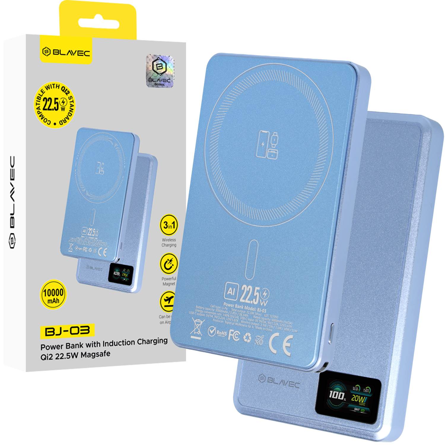 Blavec BJ-03 10000 mAh õhuke MagSafe-toega magnetiline akupank, 13,5 mm, USB-C, 22,5 W, kolm ühes (PBBJ03-MC10LB) (värv: helesinine; alumiiniumkorpus)