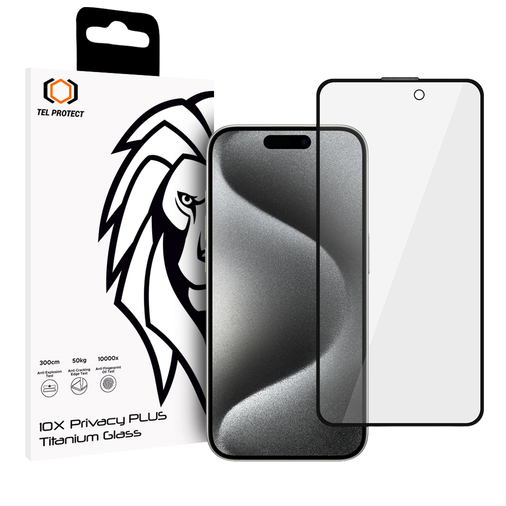 Tel Protect 10X Privacy Titanium privaatsusfiltriga karastatud kaitseklaas Apple iPhone 16 Pro / iPhone 17 telefonile