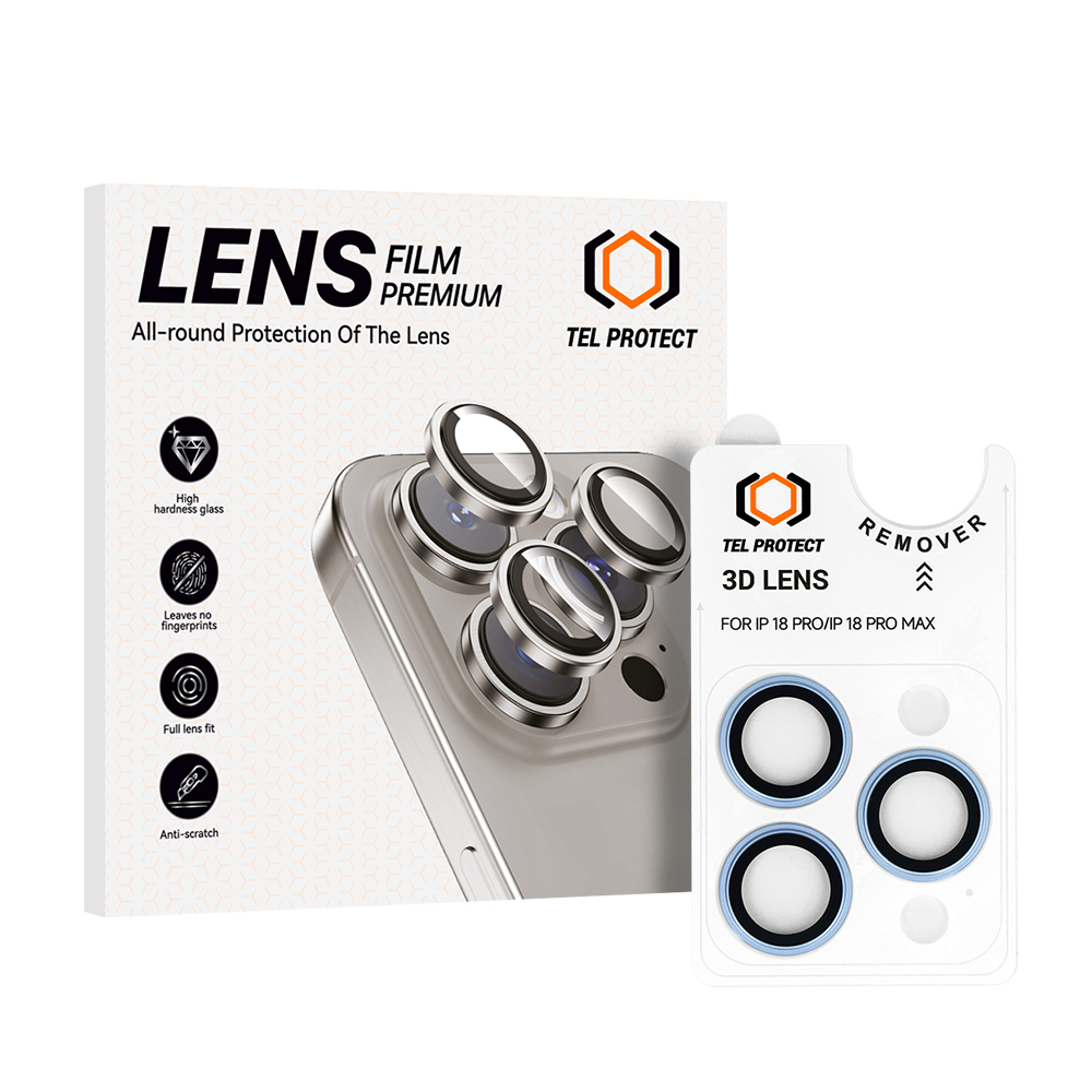 Tel Protect 3D Lens helesinised karastatud kaitseklaasid Apple iPhone 18 Pro / 18 Pro Max kaameraläätsedele (3 tk)