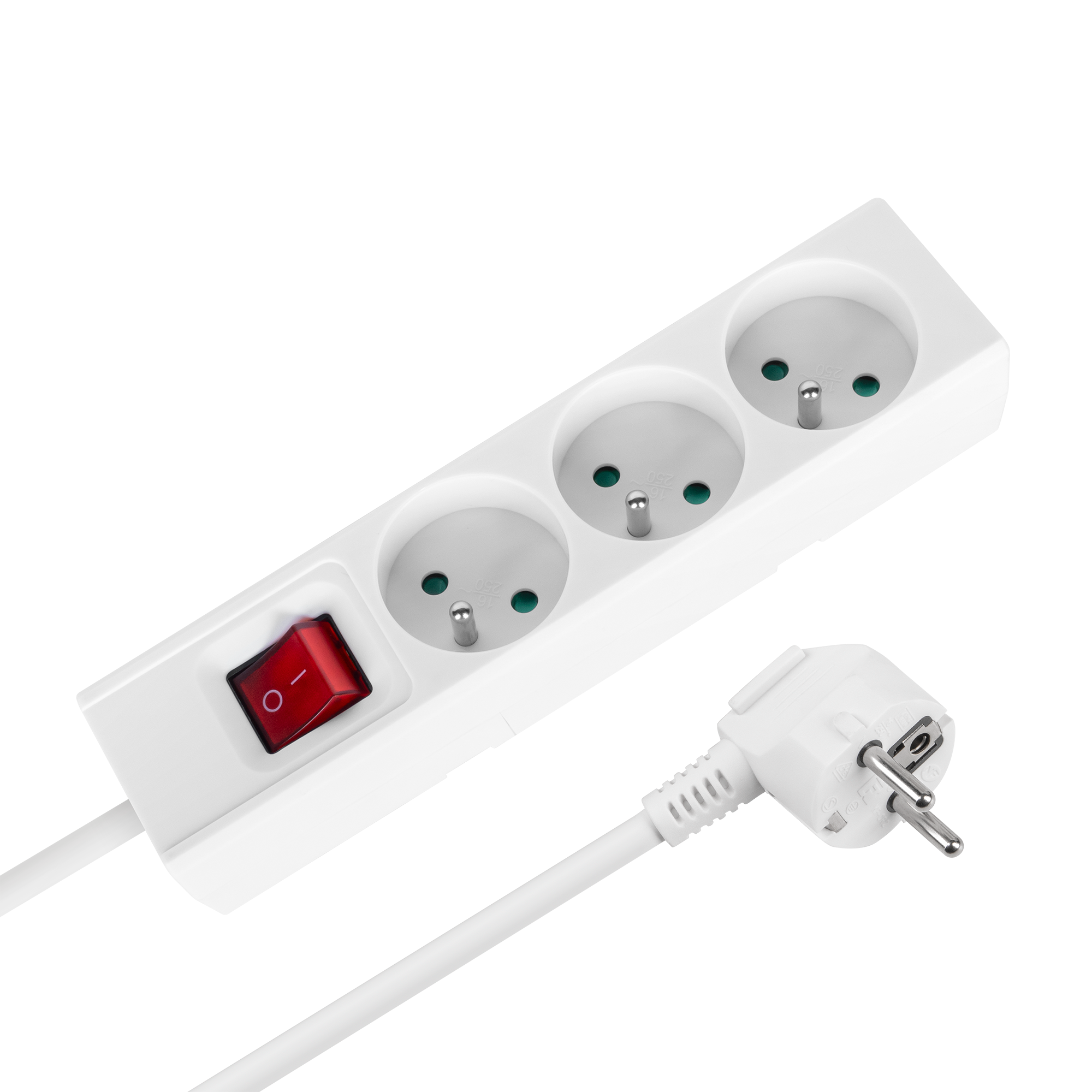 REBEL Prantsuse tüüpi 3 pesaga lülitiga pikendusjuhe, 1,5 m, 3 x 1,0 mm, valge