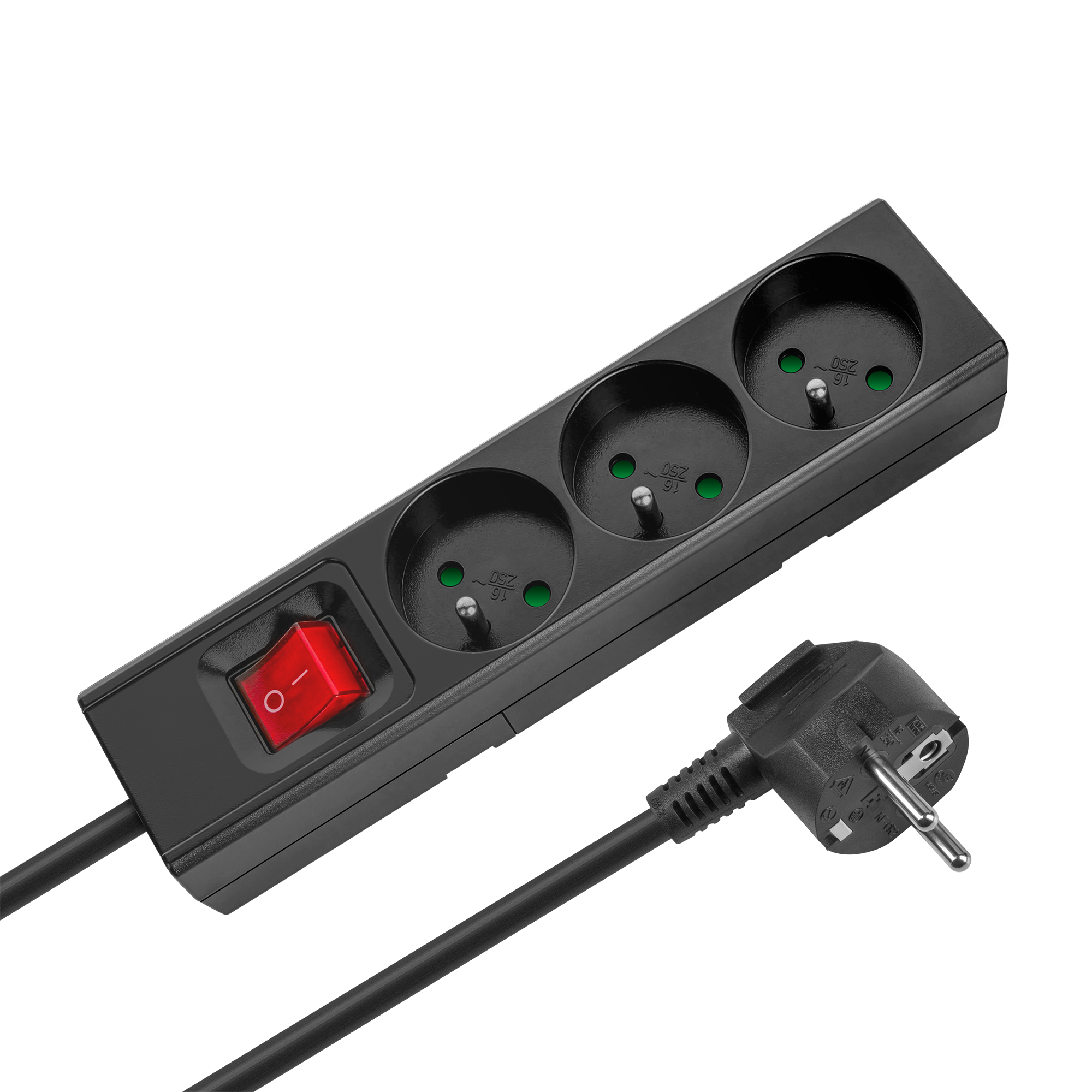 Rebel pikendusjuhe, 3 prantsuse tüüpi pistikupesa, 3 m, lülitiga, 3×1,5 mm, must