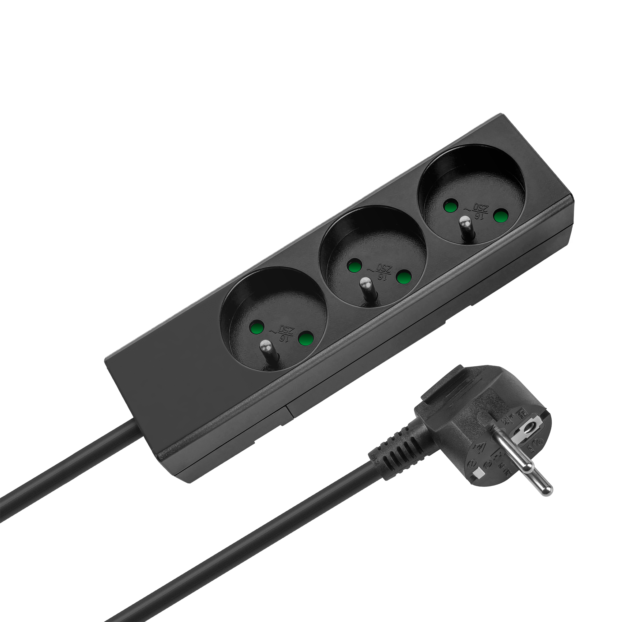 Rebel pikendusjuhe, 3 prantsuse tüüpi pistikupesa, 5 m, lülitita, 3×1,5 mm, must
