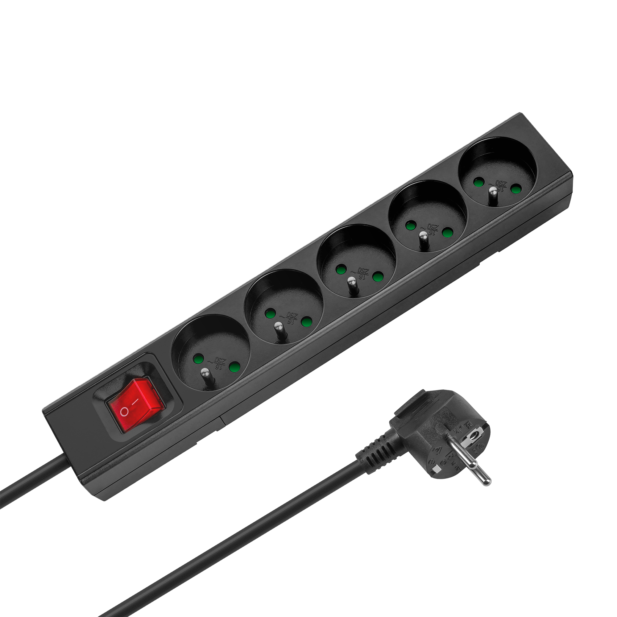 REBEL Prantsuse tüüpi 5 pesaga lülitiga pikendusjuhe, 1,5 m, 3 x 1,0 mm, must