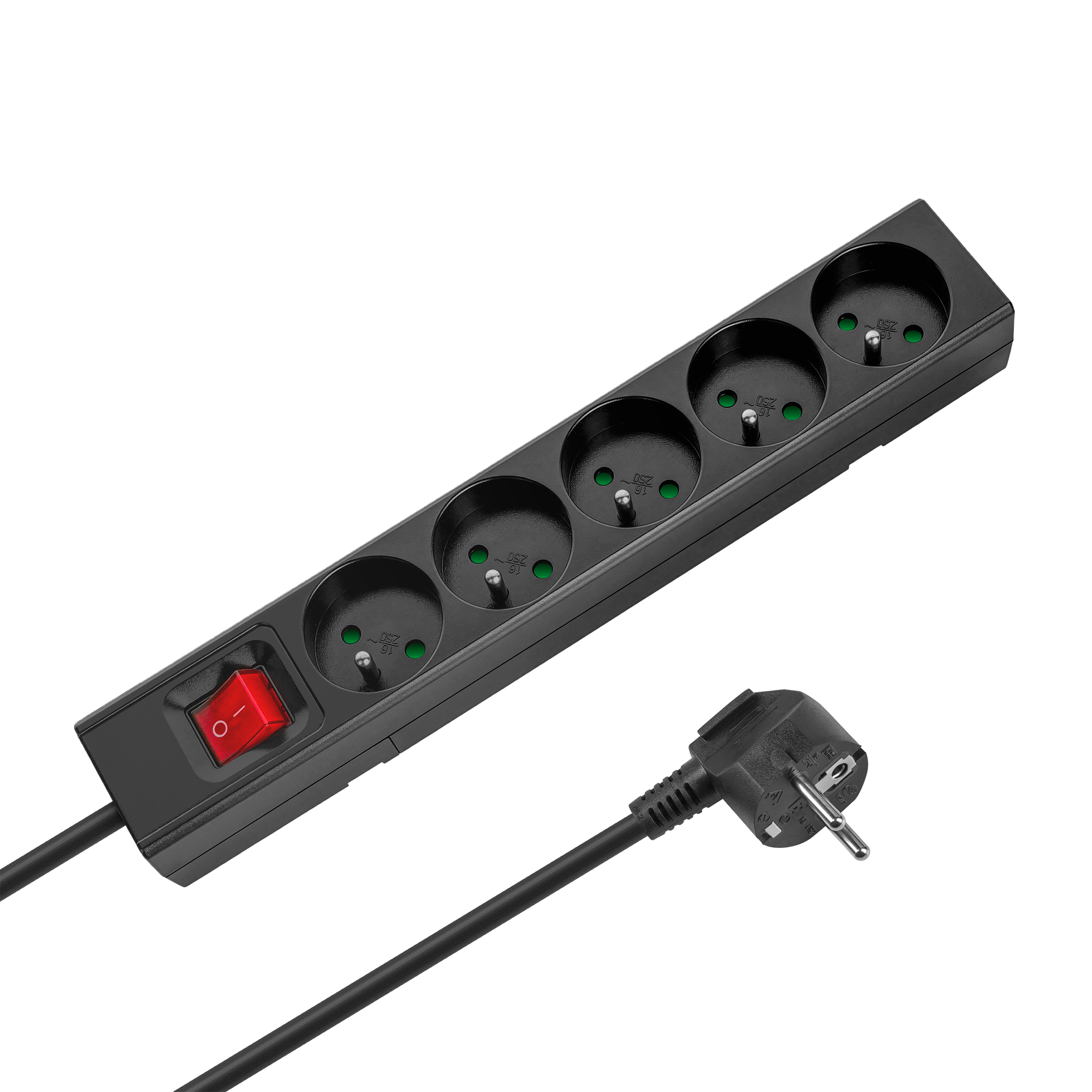Rebel Prantsuse tüüpi pikendusjuhe, 5 pesa, 2 m, lülitiga, 3 x 1,5 mm, must