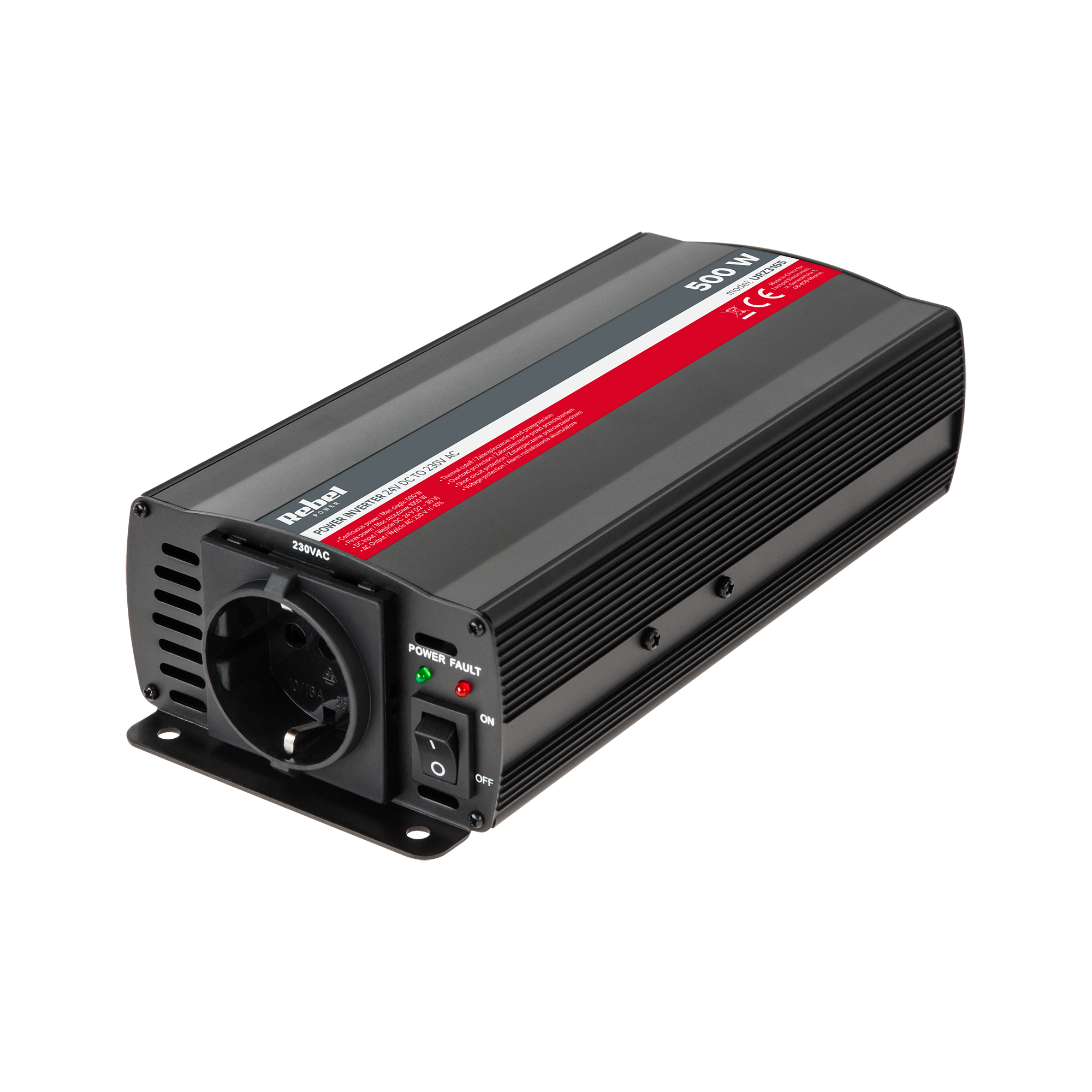 REBEL 24 V–230 V inverter, 500 W, Saksa F-tüüpi pistikupesa