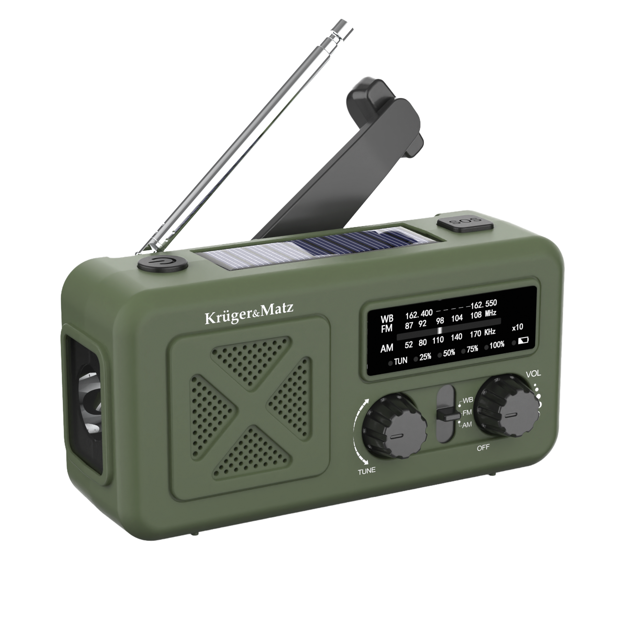 Kruger&Matz kaasaskantav päikeseenergial töötav SOS-hädaabiraadio, 2000 mAh akupanga, taskulambi ja dünamoga