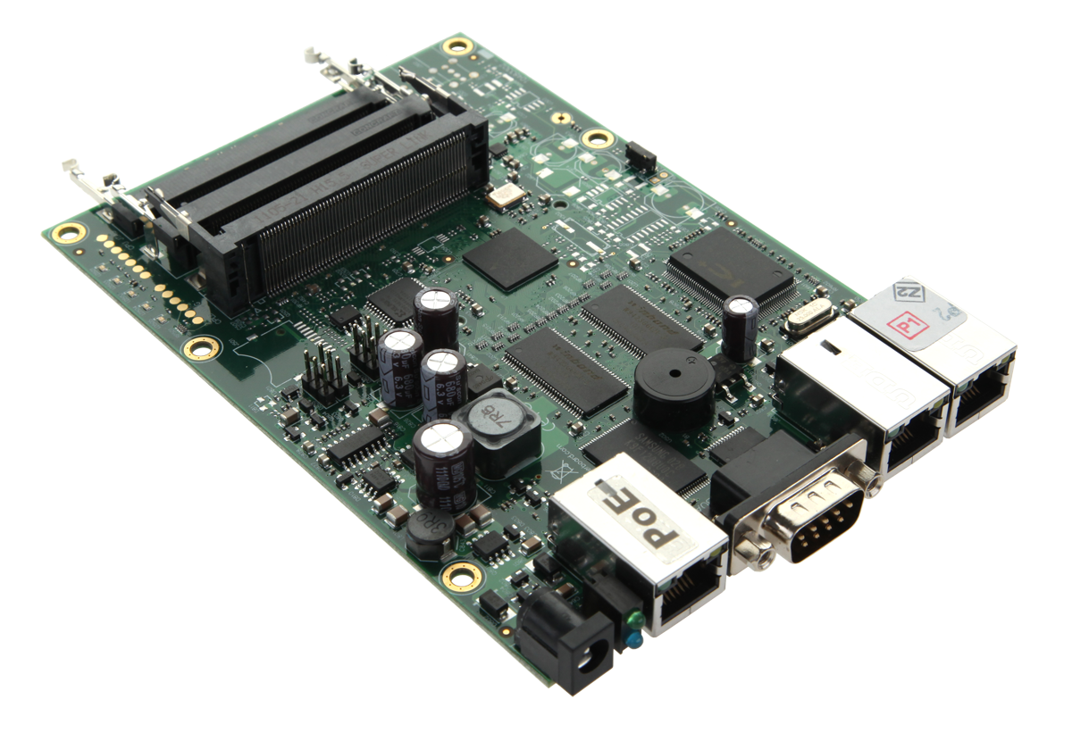 RouterBOARD RB433, 300 MHz CPU, 64 MB RAM, 3× LAN, 3× mPCI, RouterOS L4