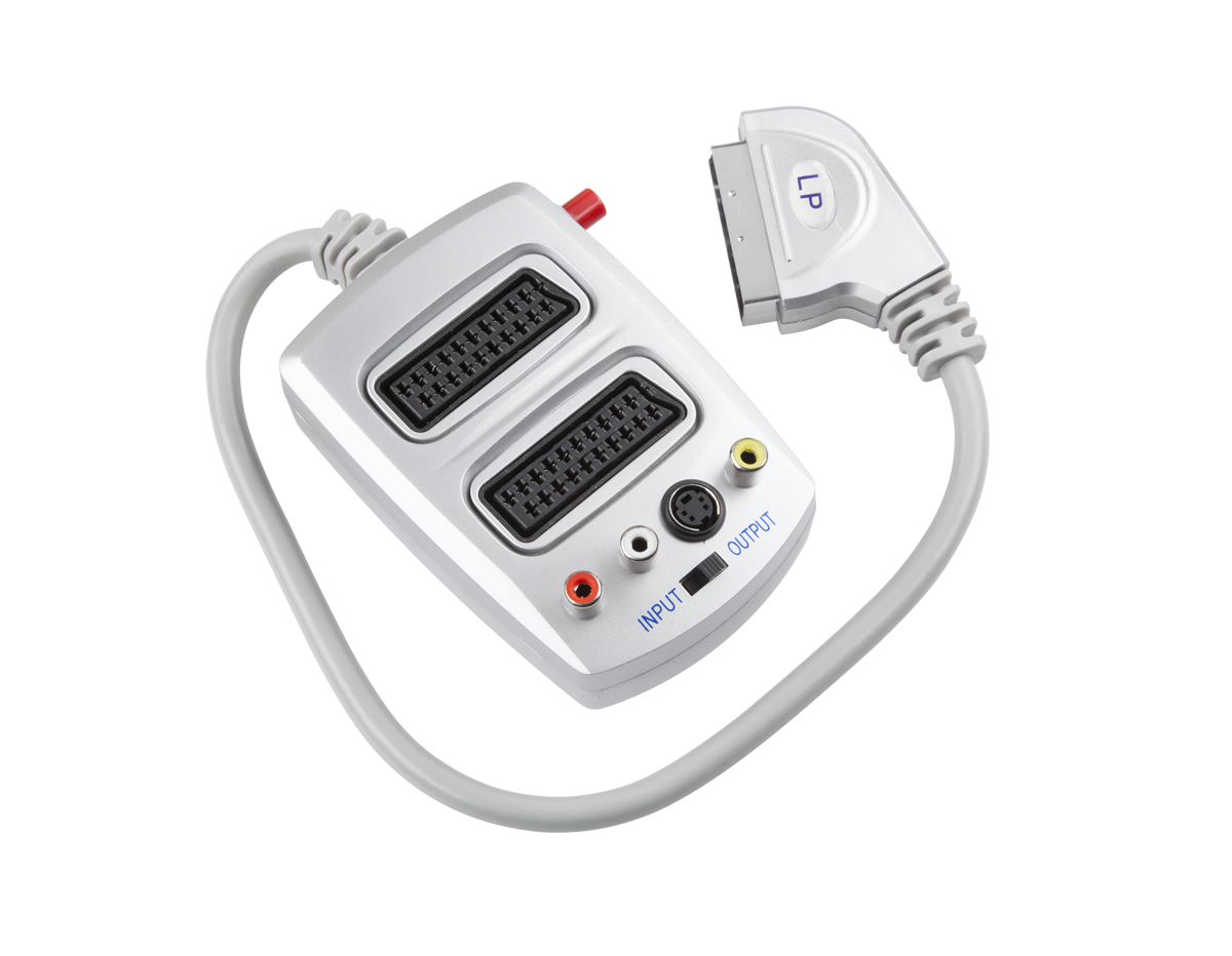 EURO-pistiku adapter 2 EURO-pesa, S-VHS-i, 3 RCA ja lülitiga