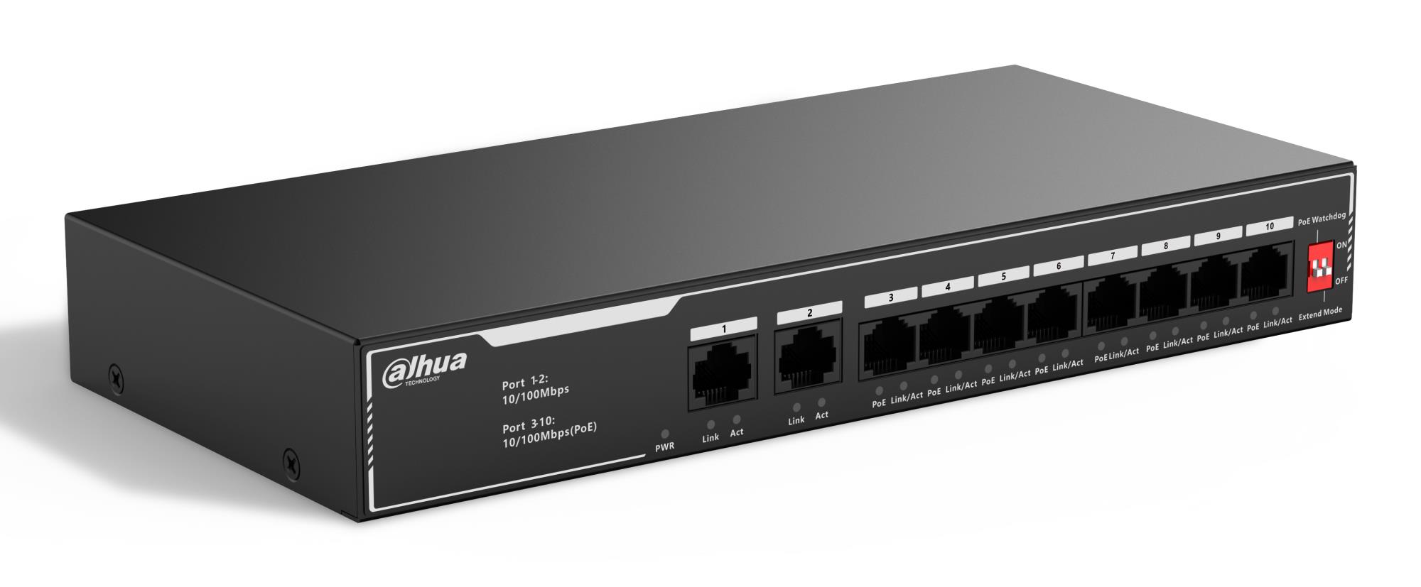 Dahua SF1010LP mittehallatav L2 võrgukommutaator, 10 RJ-45 Fast Etherneti (10/100) porti, PoE, 8 PoE-porti