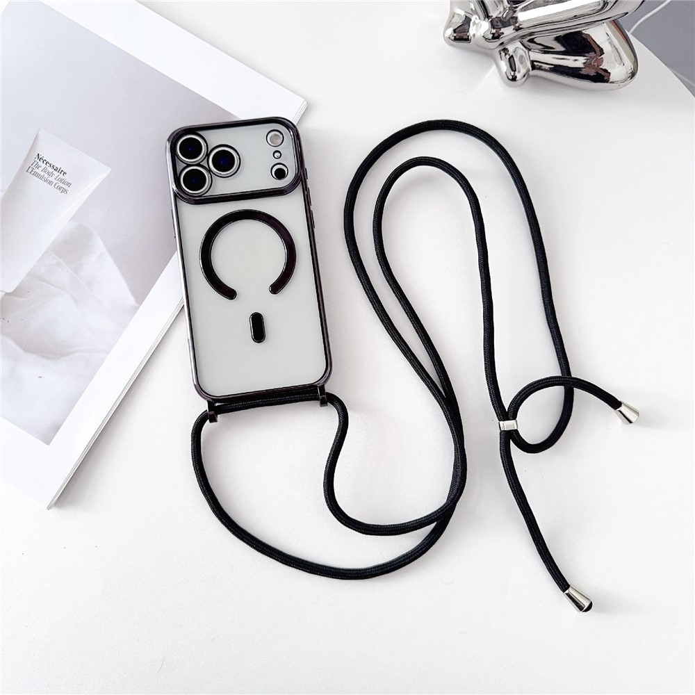 Must MagSafe-ühilduv galvaniseeritud katte ja pika rihmaga TPU-ümbris iPhone 18 Pro / 17 Pro jaoks