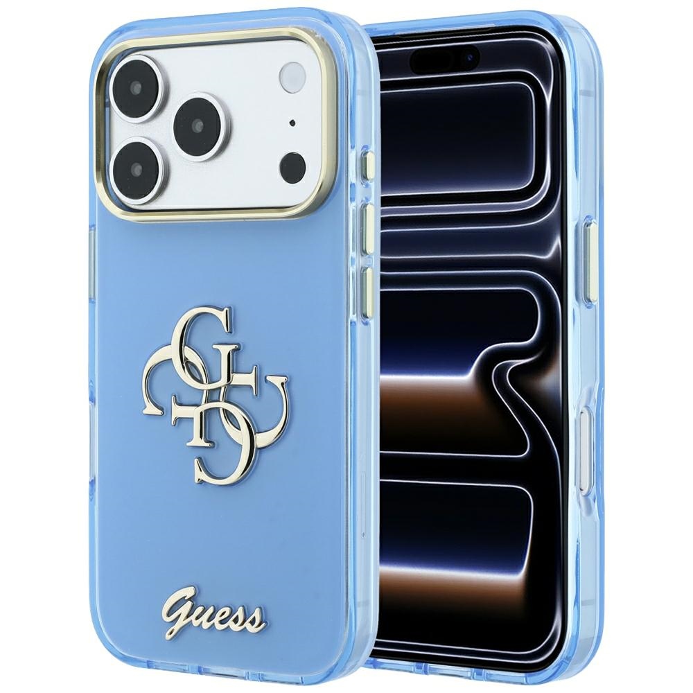Guess IML 4G Script Metal ümbris seadmele iPhone 18 Pro Max / 17 Pro Max – helesinine