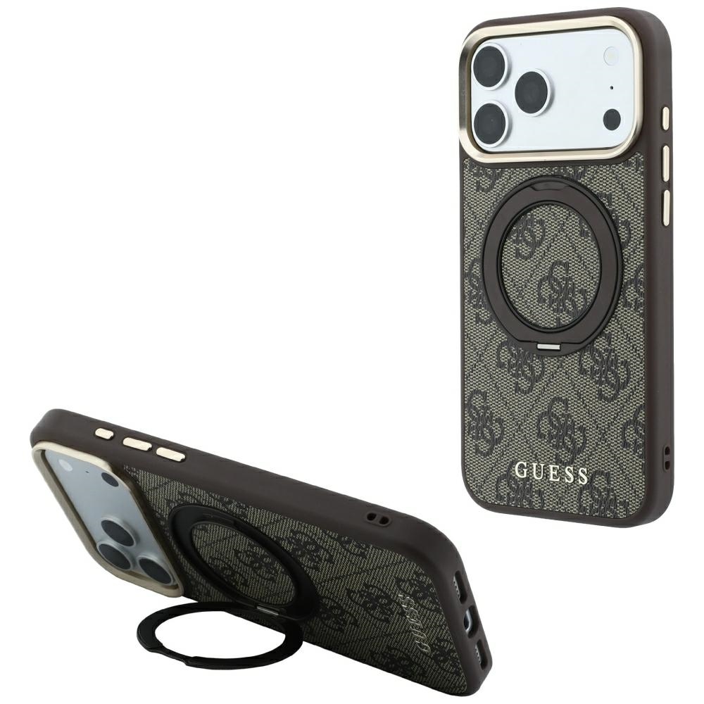 Guess 4G Classic Logo ümbris seadmele iPhone 18 Pro Max / 17 Pro Max, 360° rõngastoega, MagSafe-ühilduv – pruun