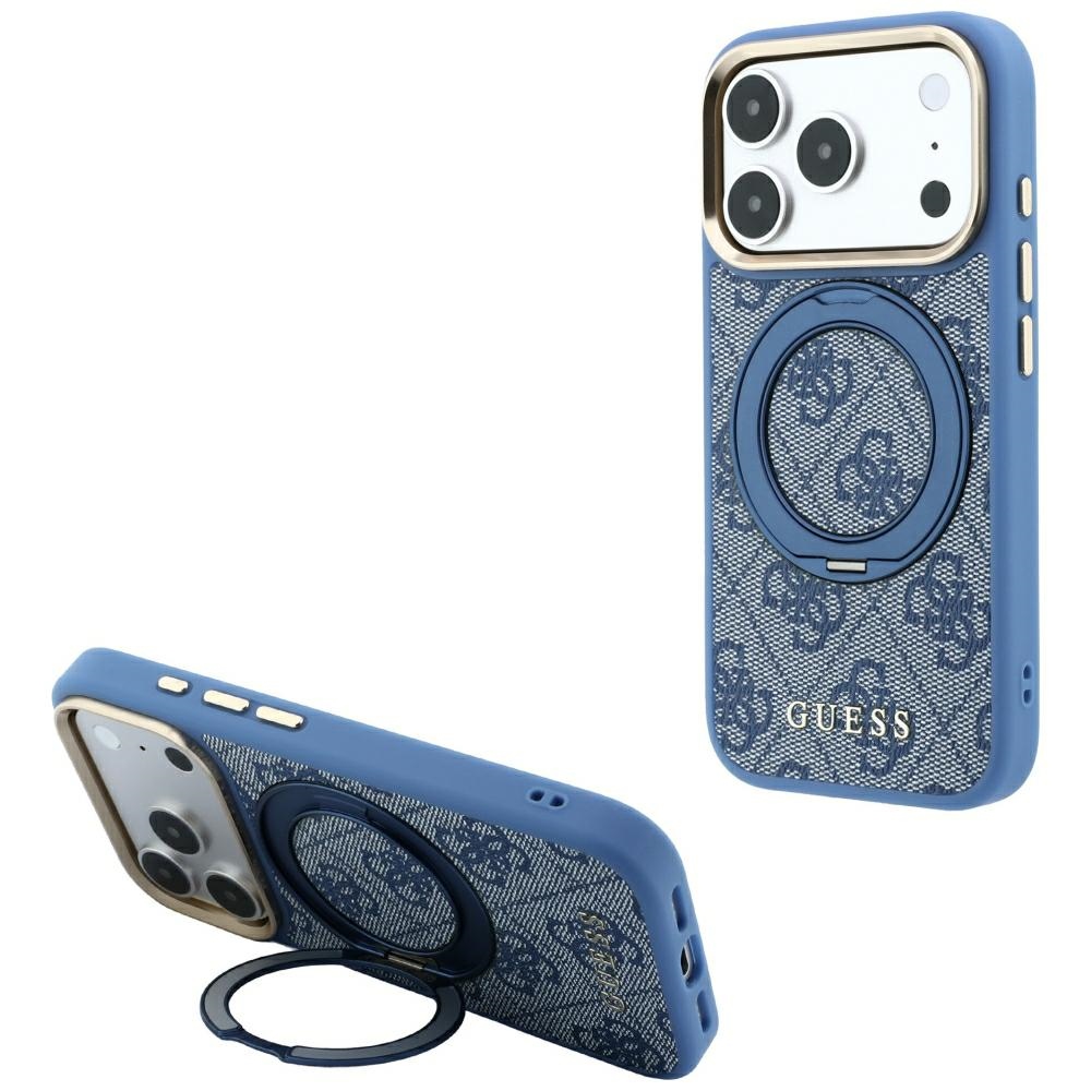 Guess 4G Classic Logo ümbris seadmele iPhone 18 Pro Max / 17 Pro Max, 360° rõngastoega, MagSafe-ühilduv – sinine