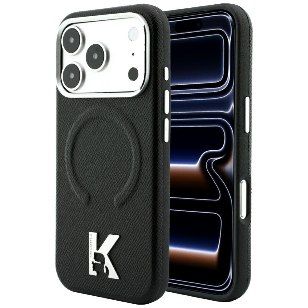 Karl Lagerfeld Grained Embossed Ring & Kameo Logo ümbris seadmele iPhone 18 Pro Max / 17 Pro Max, MagSafe-ühilduv – must