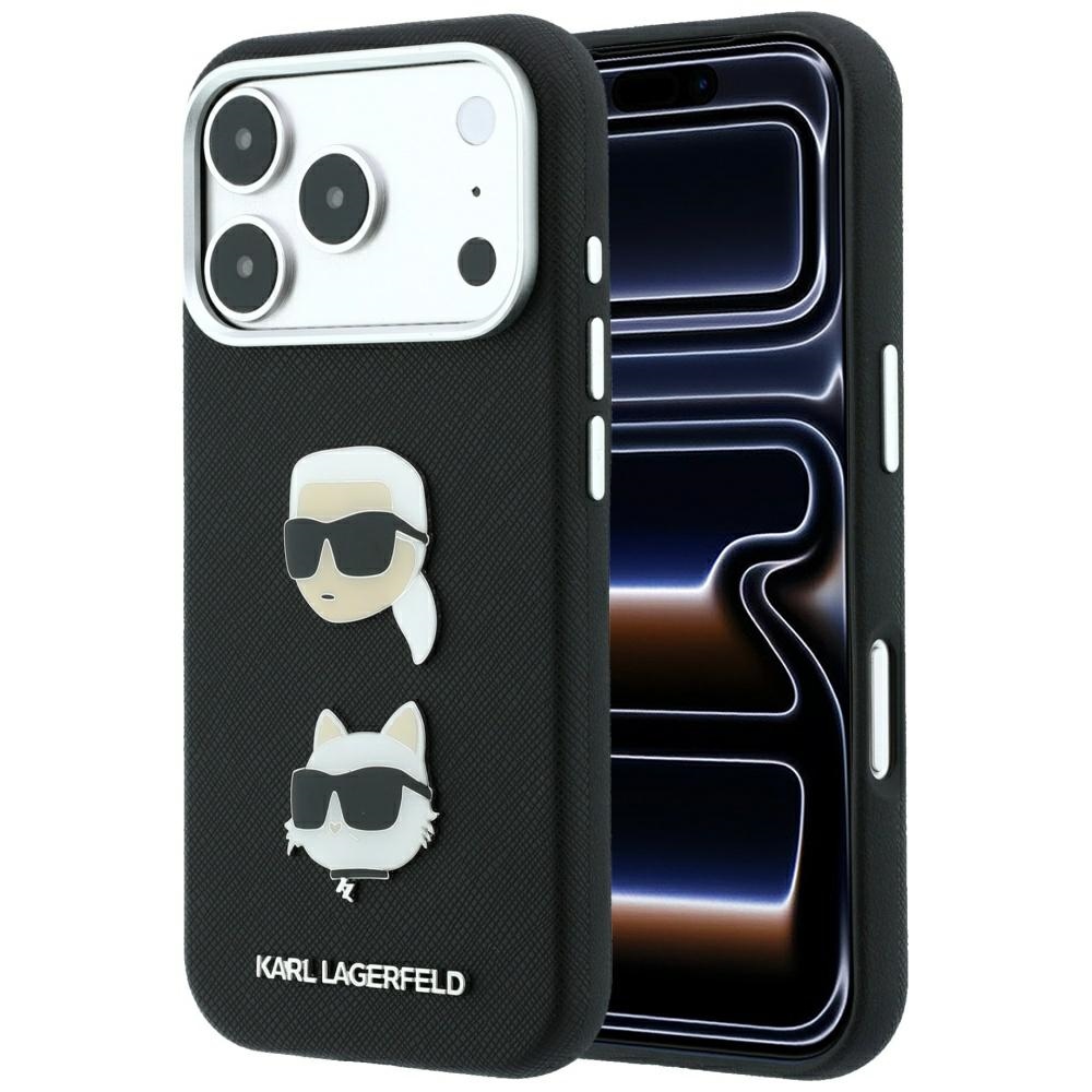 Karl Lagerfeld Saffiano Karl & Choupette Heads Pins & Logo ümbris seadmele iPhone 18 Pro / 17 Pro – must