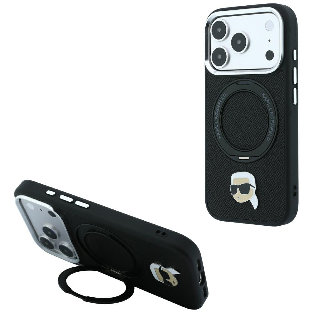 Must Karl Lagerfeldi MagSafe-ümbris 360° rõngasaluse ja Karli pea embleemiga iPhone 18 Pro Max / 17 Pro Max telefonile