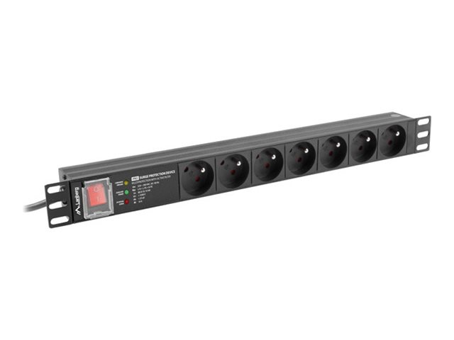 Lanberg PDU-PRO-07E-0200-BK 19-tolline 1U rack-toitejaotur, 16 A, 7× French pistikupesa, 2 m kaabel, must
