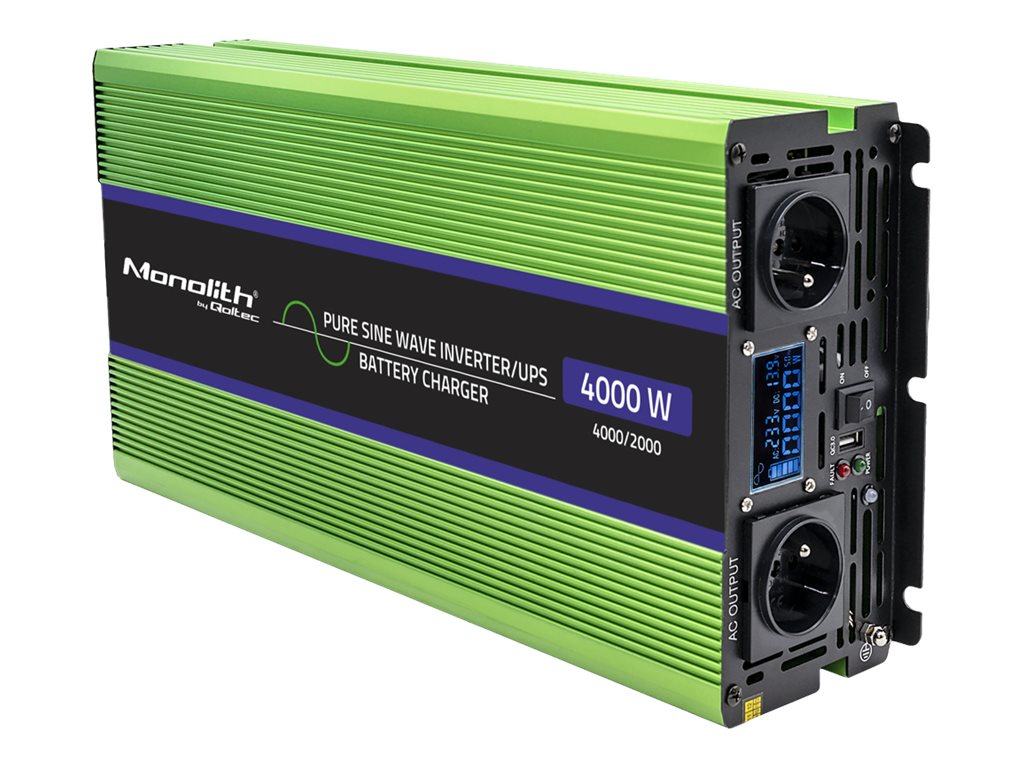 Qoltec 51943 Monolith – puhta siinuslaine inverter, akulaadija ja UPS, 4000 W tipp- / 2000 W pidevvõimsus, 12 V kuni 230 V, LCD (51943)