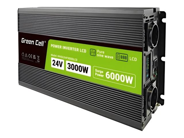 Green Cell INVGC24P3000LCD puhta siinusega inverter LCD-ekraaniga, 24 V kuni 230 V, 3000 W / 6000 W