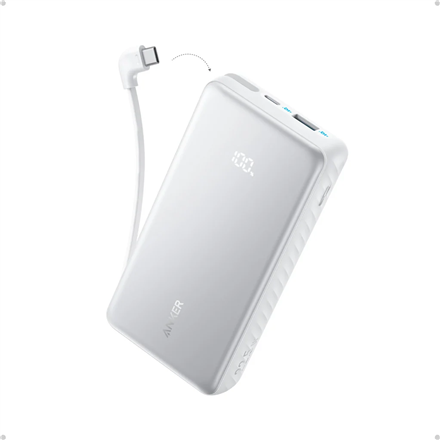 Valge akupank Anker Zolo, 22,5 W, 20000 mAh, USB-C, sisseehitatud USB-C-kaabel