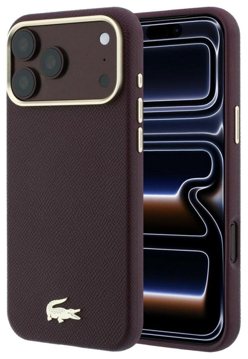 Bordoopunane PU-nahast Lacoste Champs Elysees MagSafe-ümbris kuldse logoga Apple iPhone 18 Pro telefonile