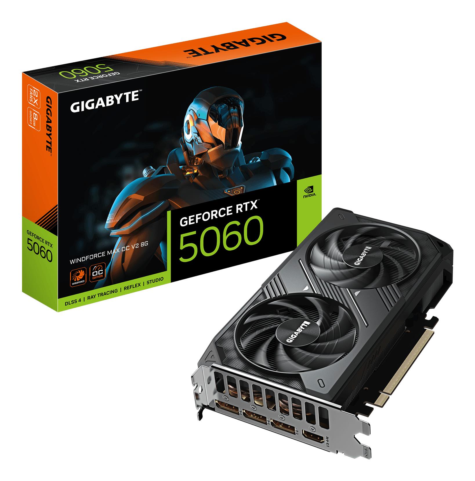 Gigabyte NVIDIA GeForce RTX 5060 graafikakaart, 2512 MHz, 8 GB GDDR7, 128-bitine, PCI Express 5.0, aktiivne jahutus (GV-N5060WF2MAXOCV2-8GD)