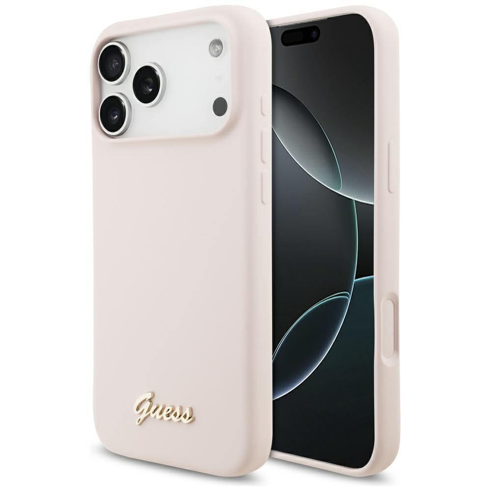 roosa Guess Silicone Script Metal Logo MagSafe ümbris Iphone 18 Pro Max / iPhone 17 Pro Max jaoks