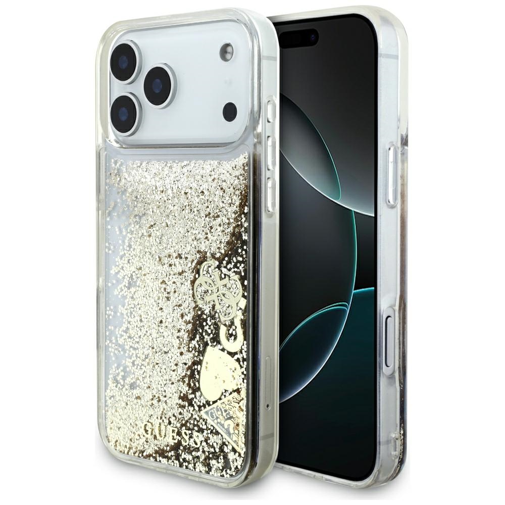 kuldne Guess Liquid Glitter 4G Charms ümbris iPhone 18 Pro Max / 17 Pro Max jaoks