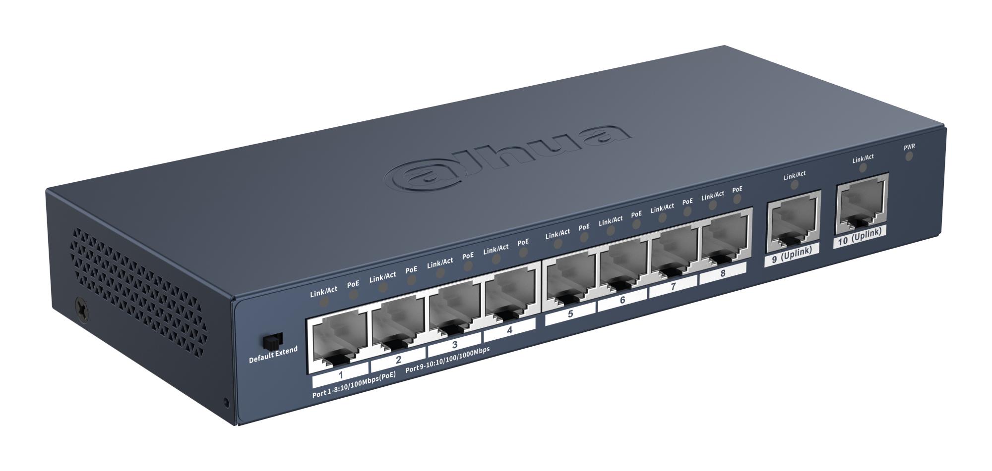 Dahua S3010-8ET2GT-90 mittehallatav võrgukommutaator, 8 RJ-45 Fast Etherneti (10/100) porti, PoE