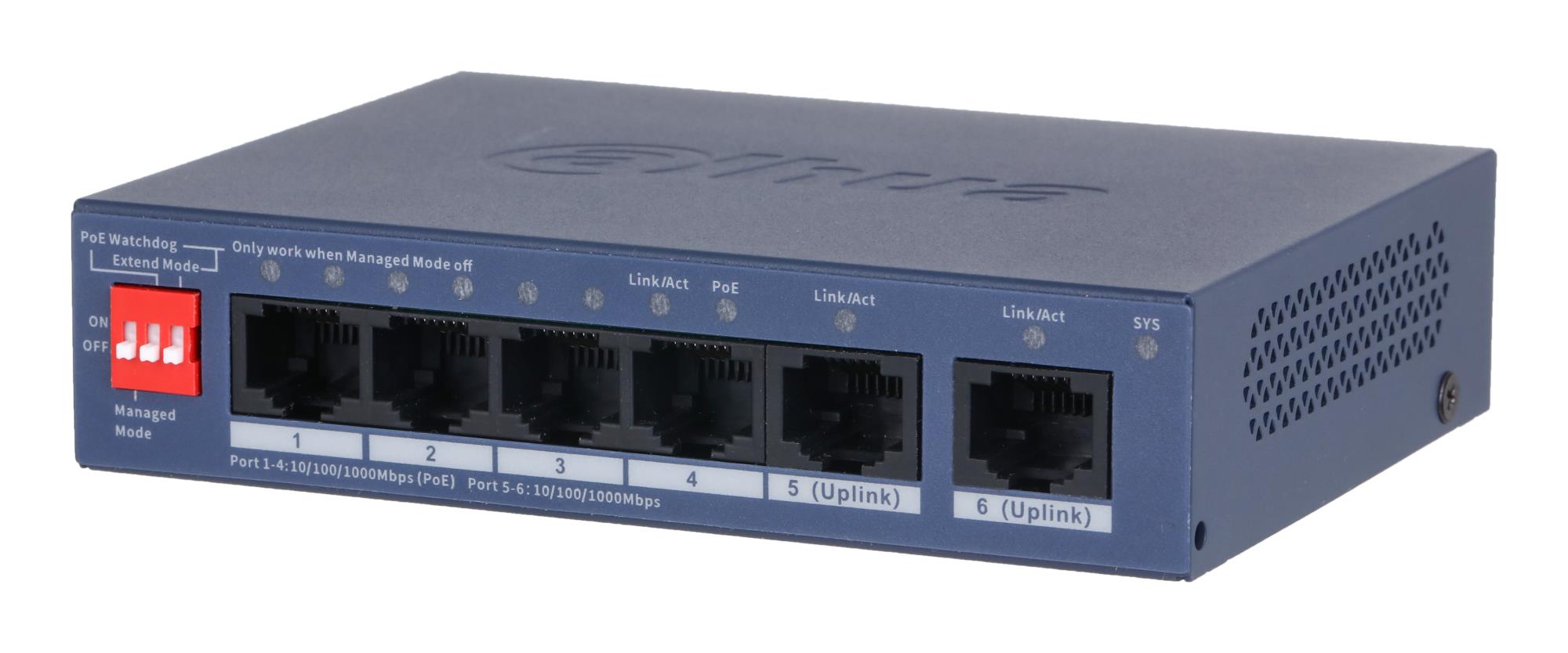 DAHUA CS4006-4GT-36 hallatav L2 laua-/seinalüliti, 4 × RJ-45 Gigabit Ethernet (10/100/1000), PoE: jah, 4 PoE-porti